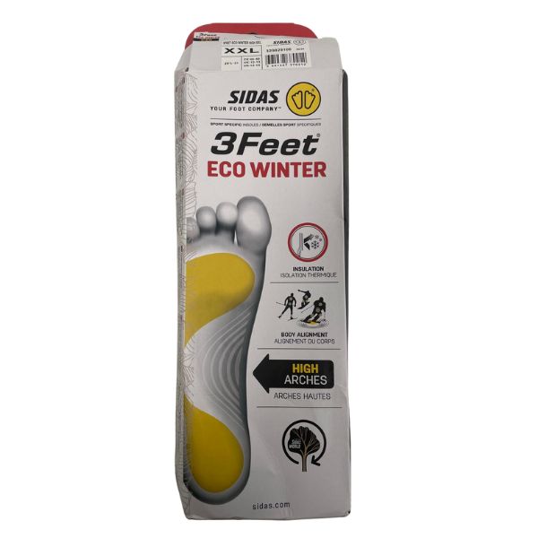 Packaging of 3Feets Eco Winter high arch insoles with yellow and gray design, indicating suitability for winter sports and high arch support.