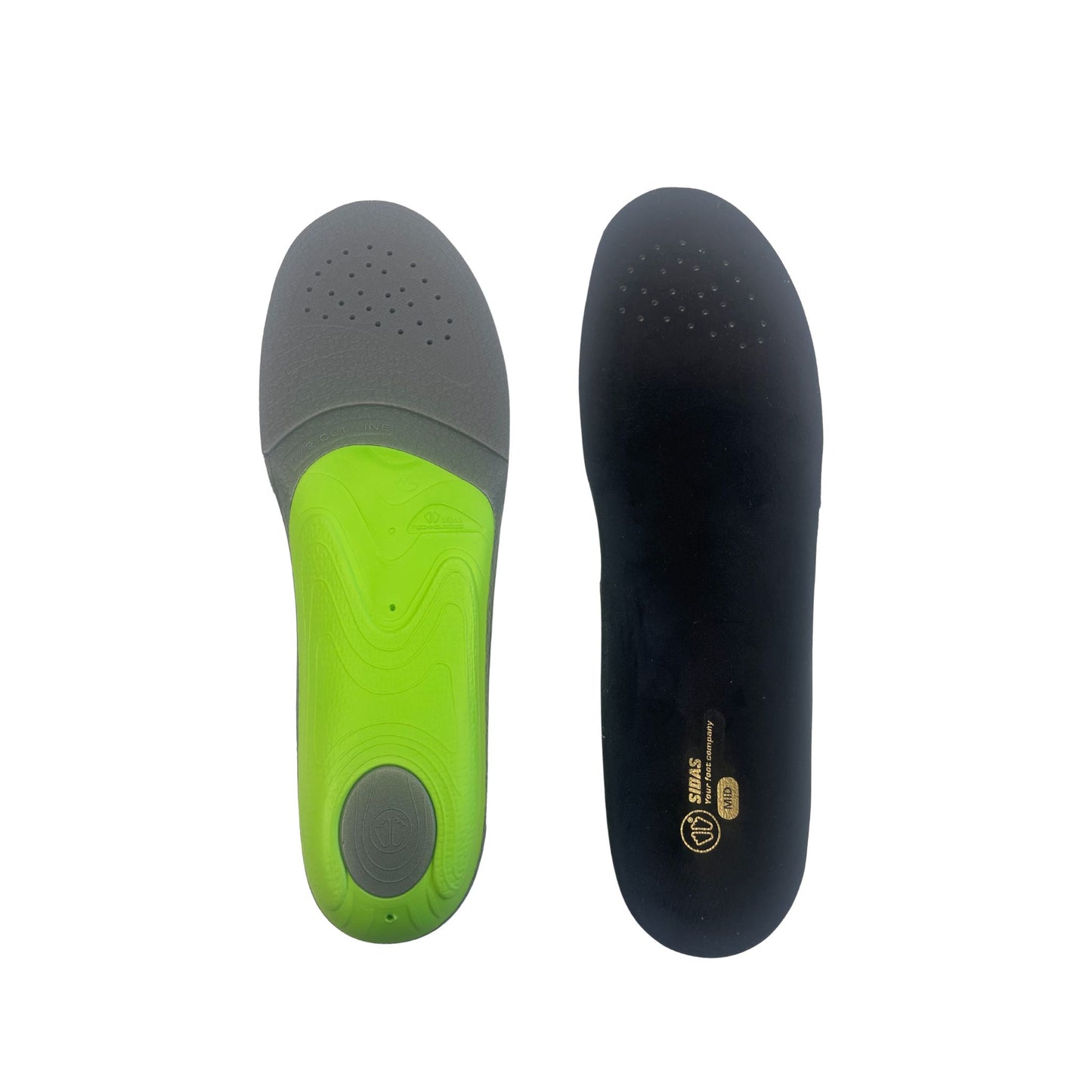 Two pairs of shoe insoles, one green and gray, the other black, on a white background.