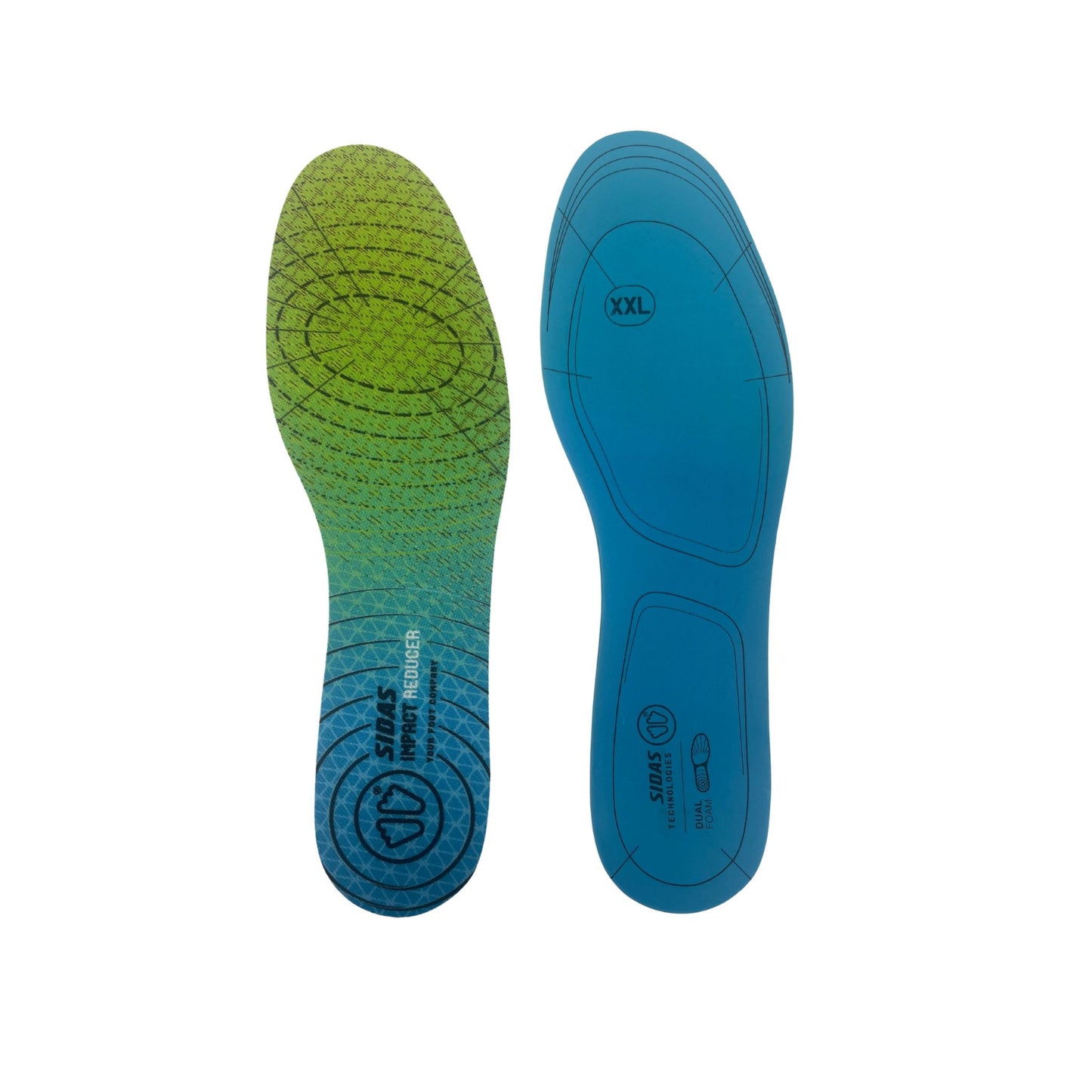 Green and blue shoe insoles on a white background