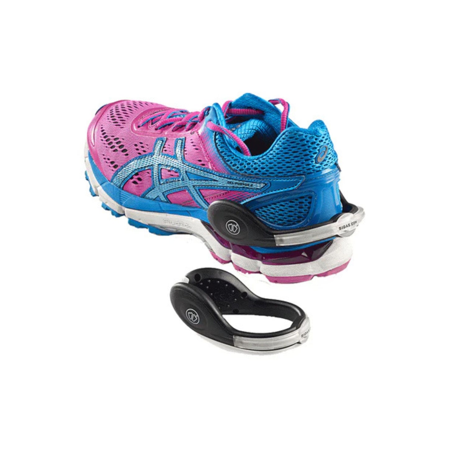 Blue and pink running shoe with a black insole on a white background