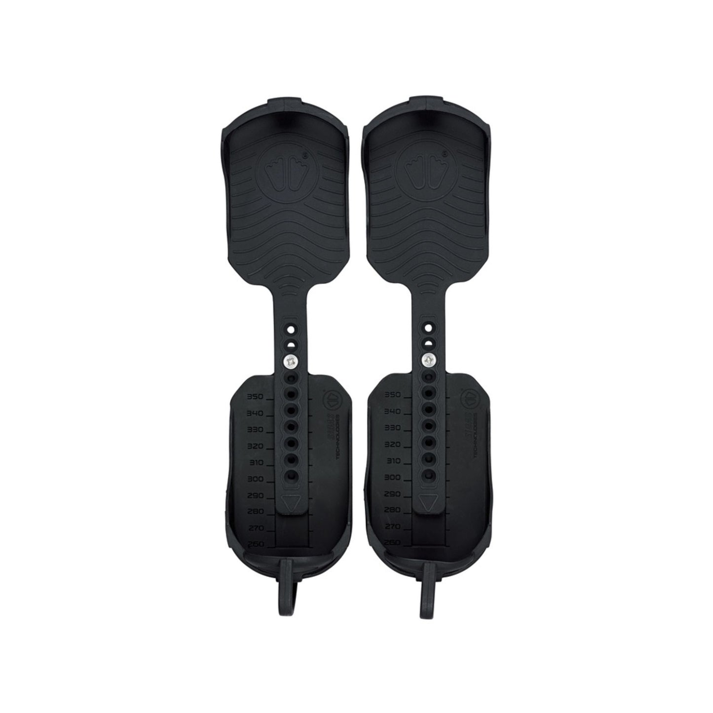 Pair of black foot pedals on a white background