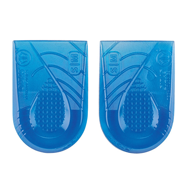 Two blue translucent athletic heel inserts on a plain white background.