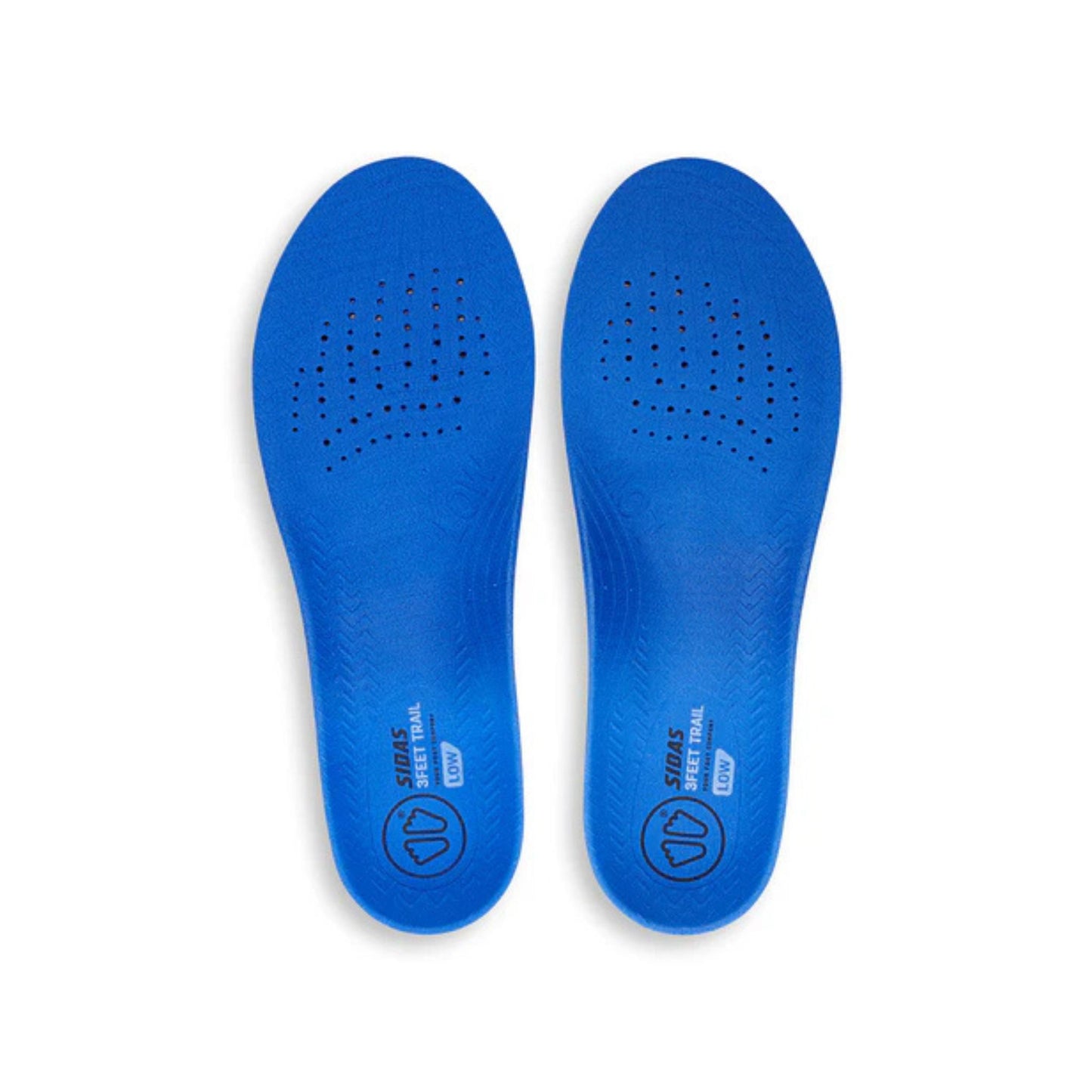 Pair of blue trail shoe insoles on a white background