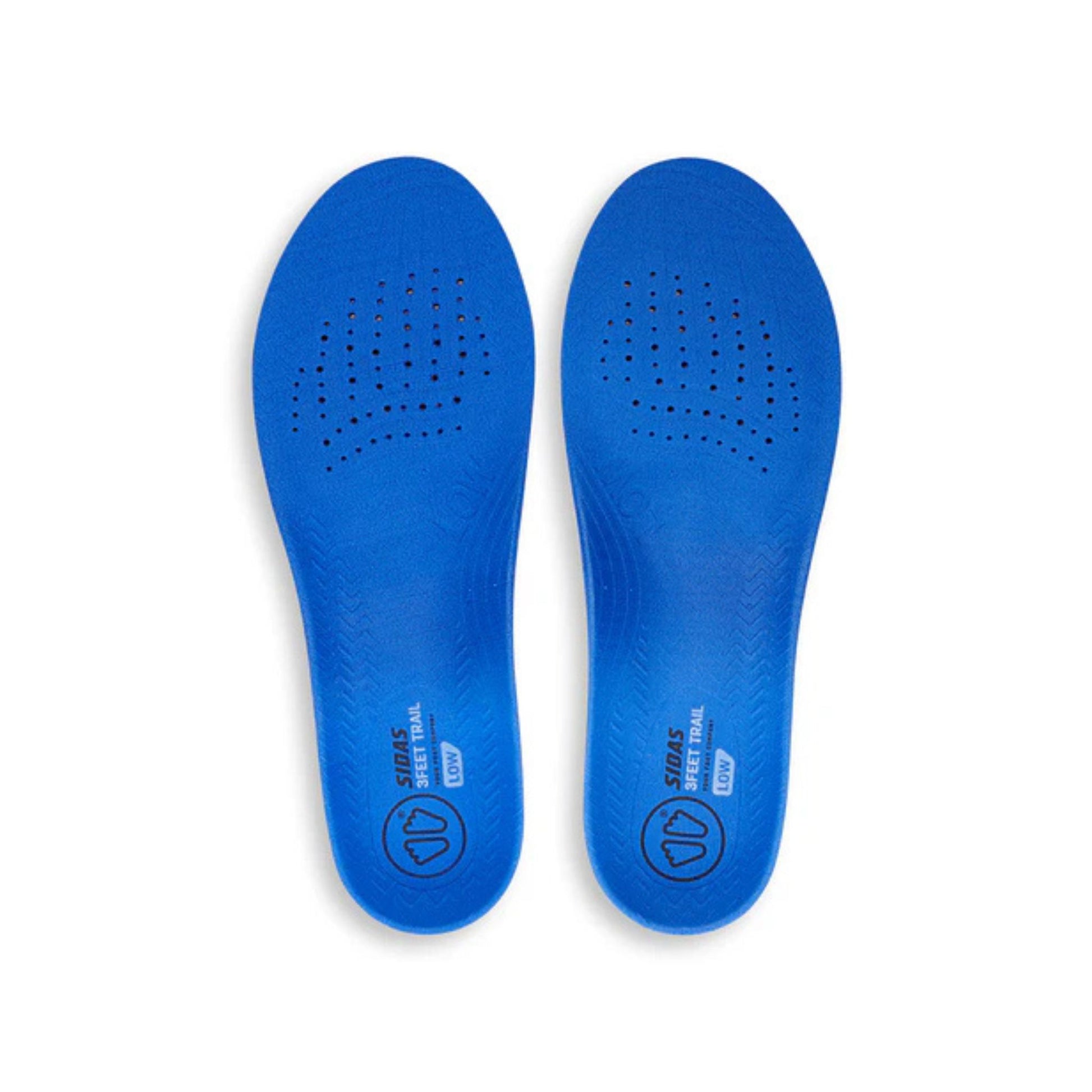 Pair of blue trail shoe insoles on a white background
