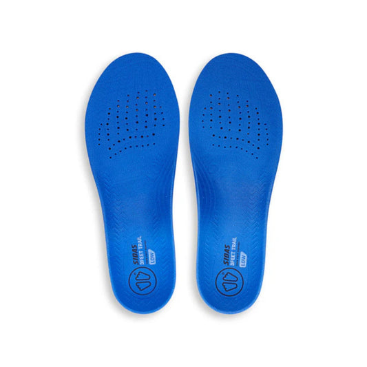 Pair of blue trail shoe insoles on a white background