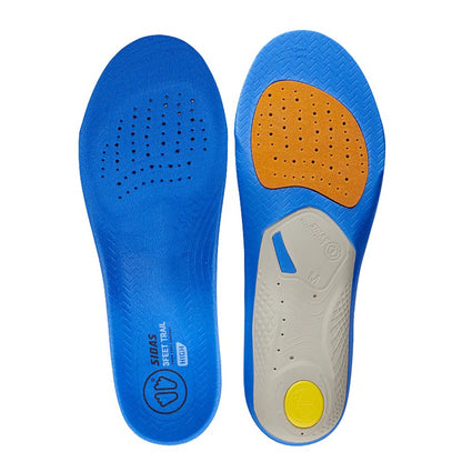 Blue shoe insole with a yellow heel pad on a white background