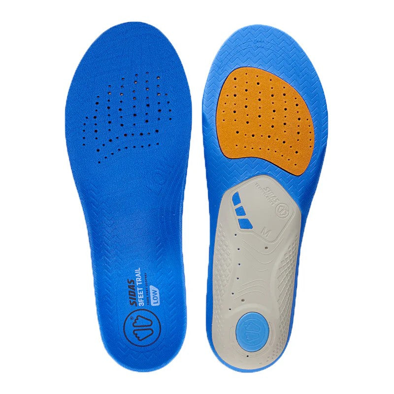 Blue and orange shoe insoles on a white background