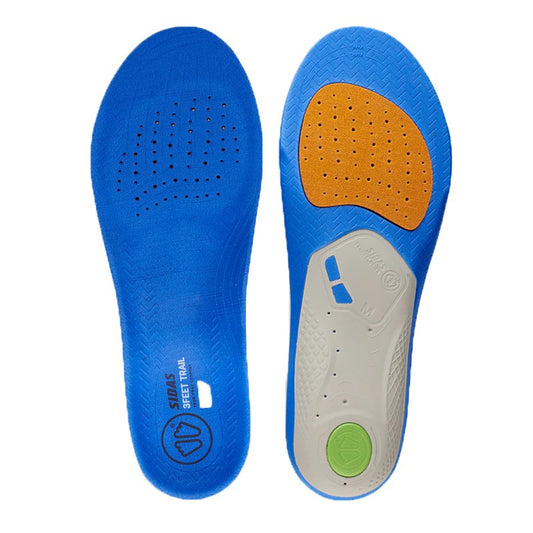 Blue shoe insoles with a brand logo on a white background