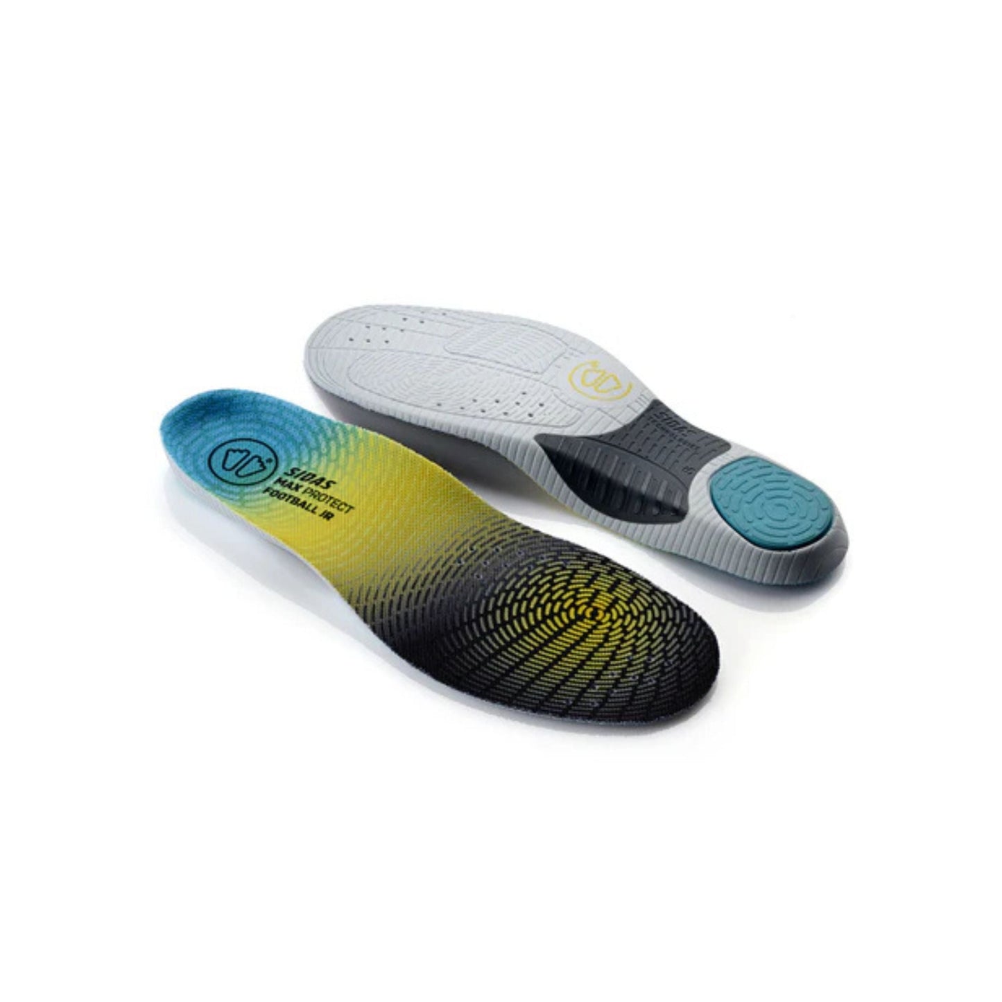 Two pairs of insoles, one with a gradient design and the other gray, on a white background.