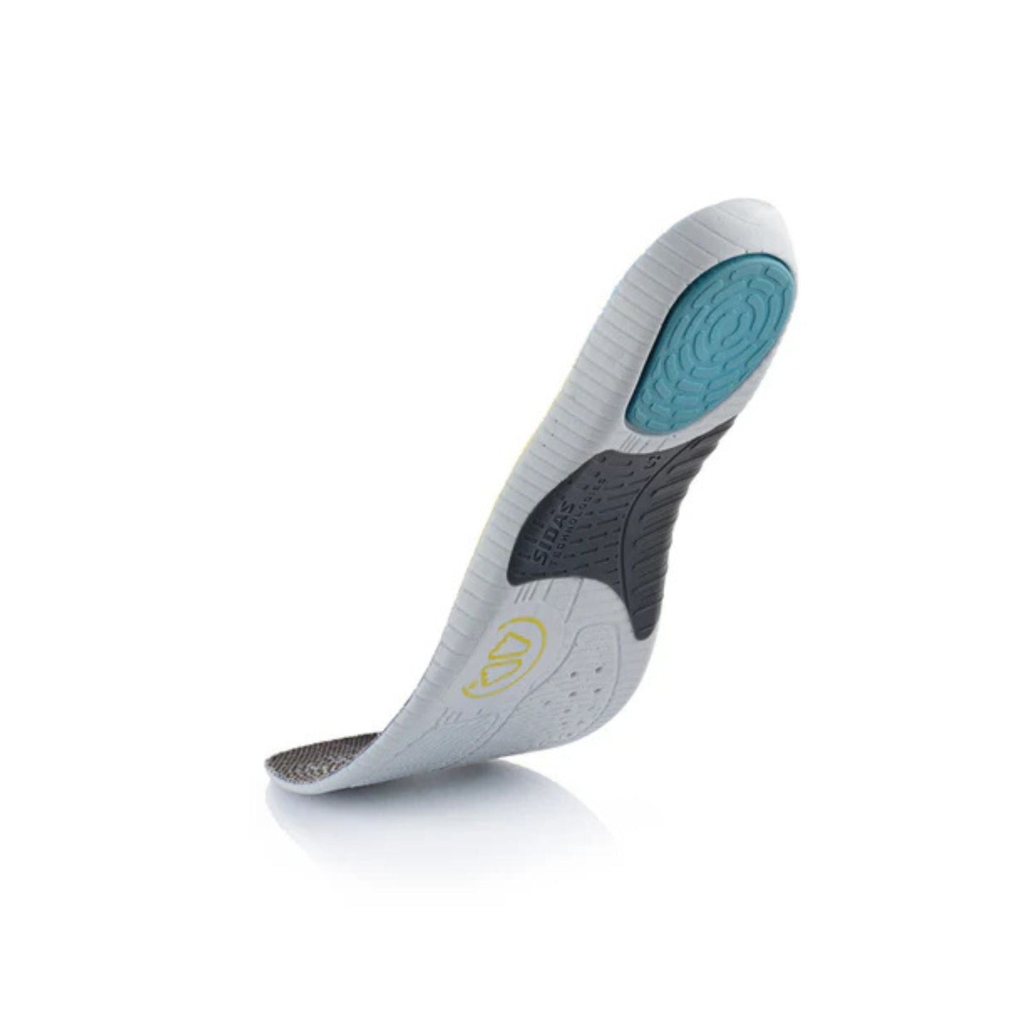 Shoe insole with gray and blue design on a white background