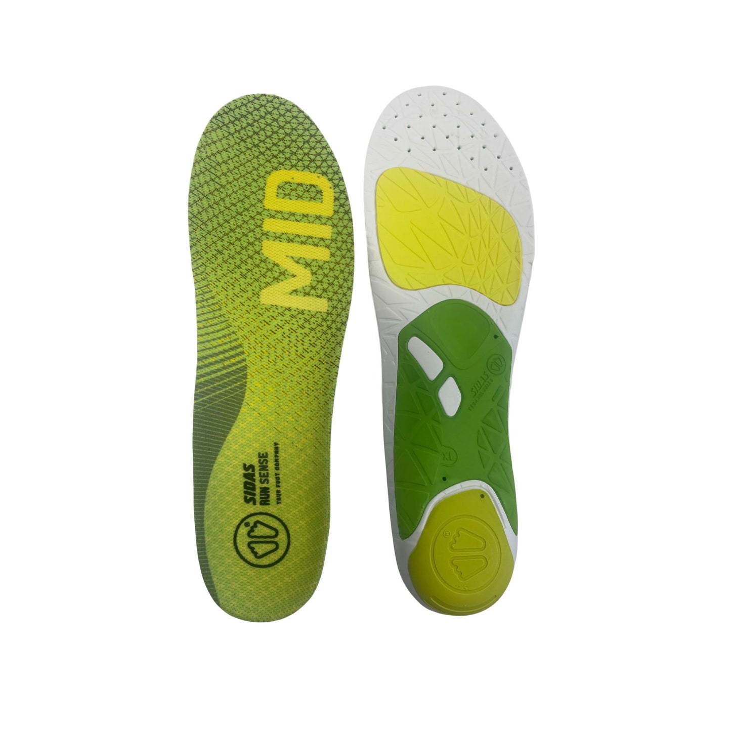 Green and white shoe insoles with brand logo on a white background