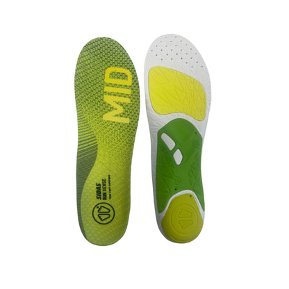 Green and white shoe insoles with brand logo on a white background