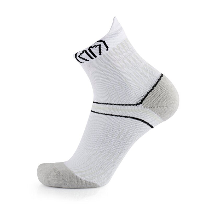 White ankle sock with black logo on a white background