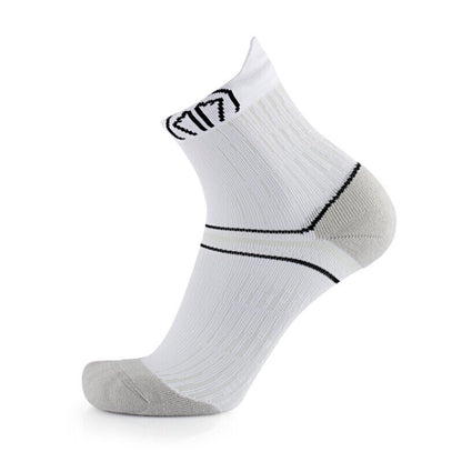 White ankle sock with black logo on a white background