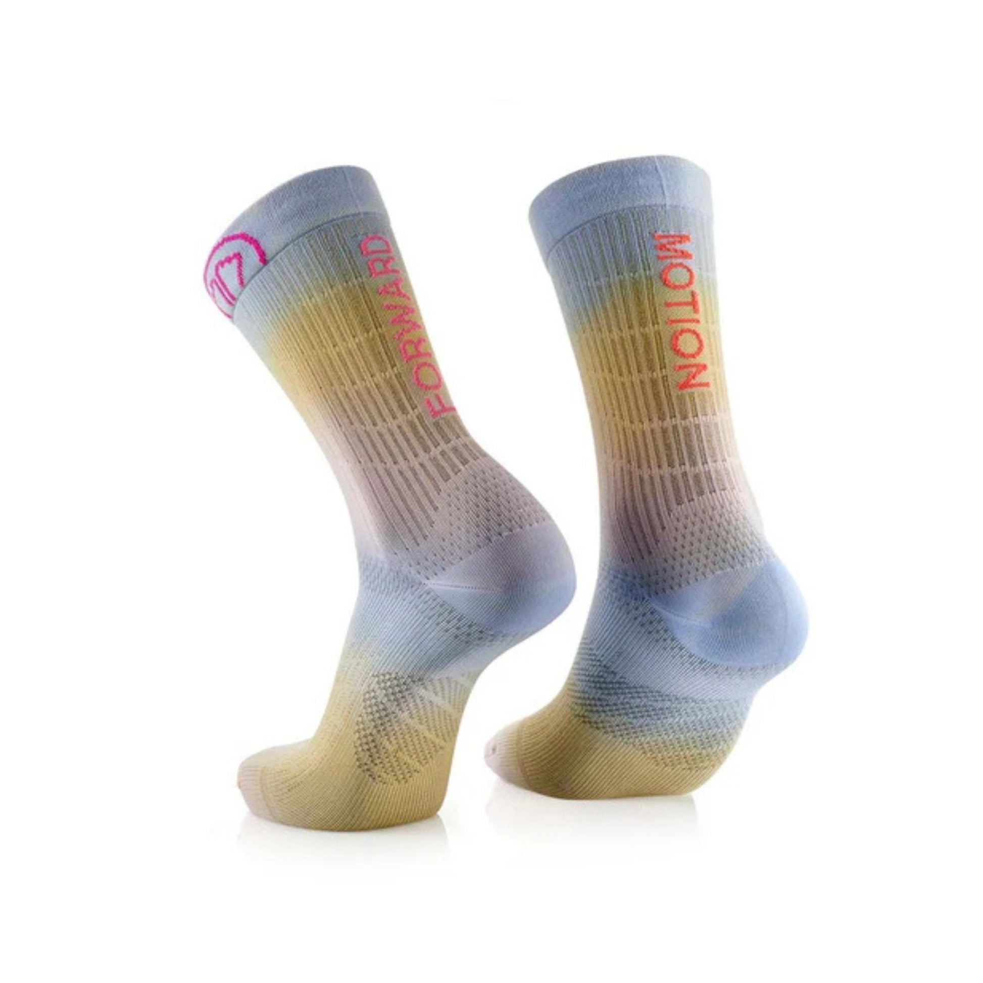 Pair of socks with gradient design and visible brand name on a white background