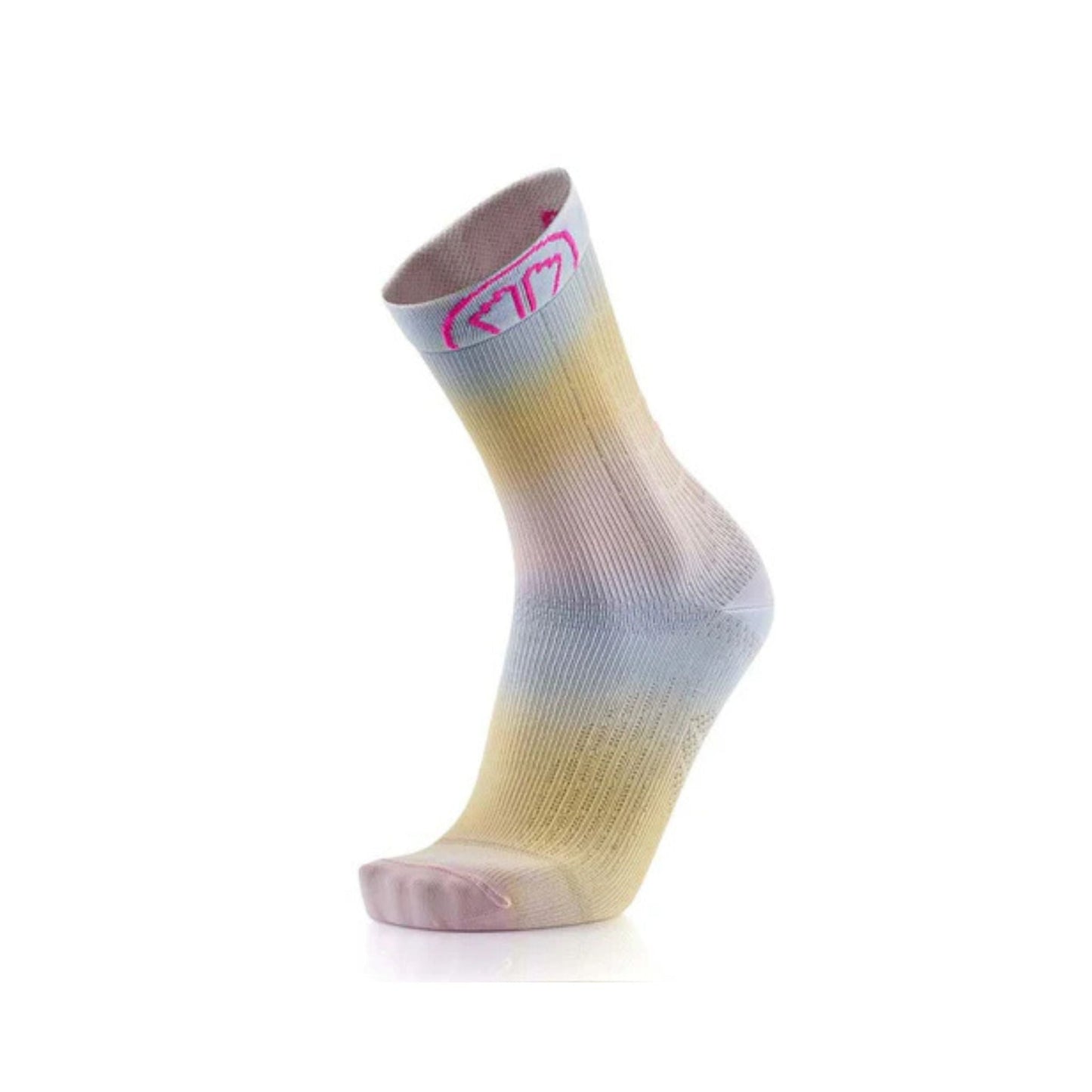 Gradient sock with pink logo on a white background