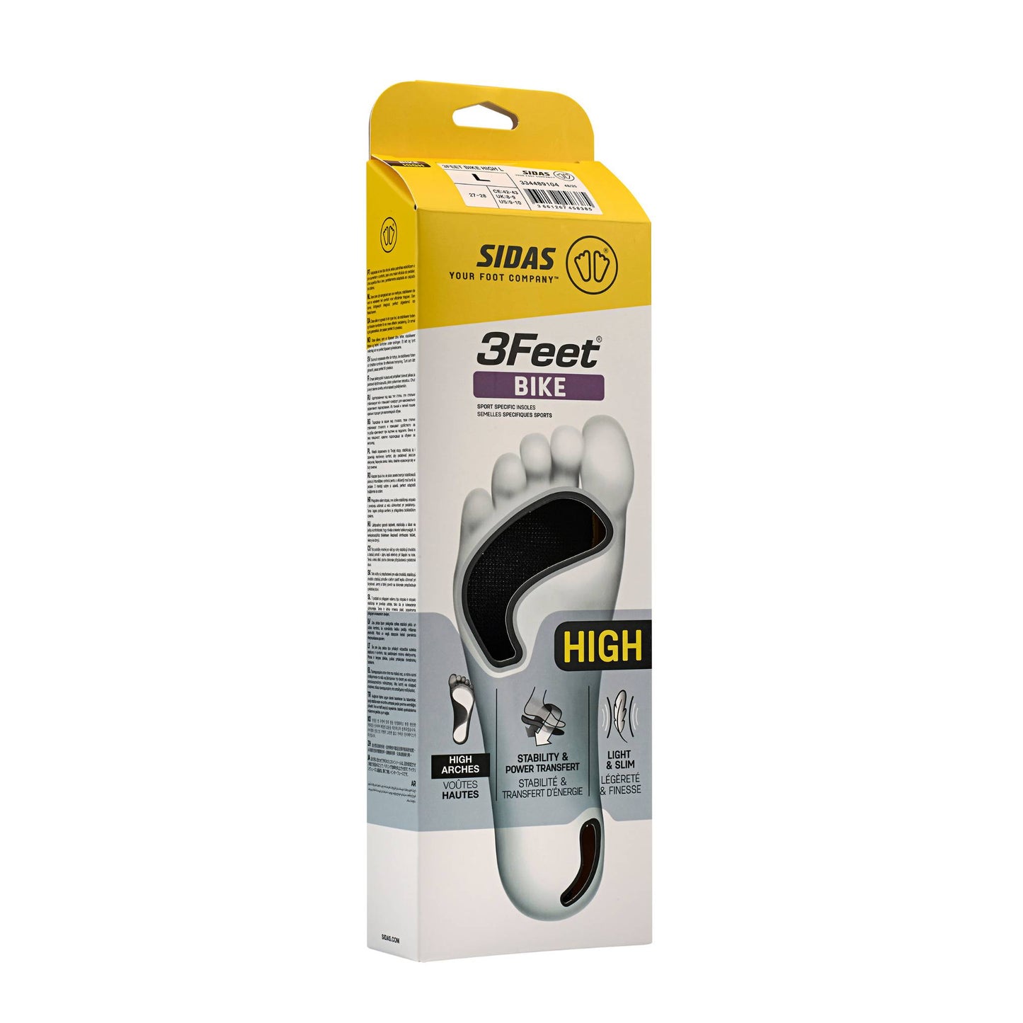 Package of 3Feet Bike insoles with yellow and white design on a white background