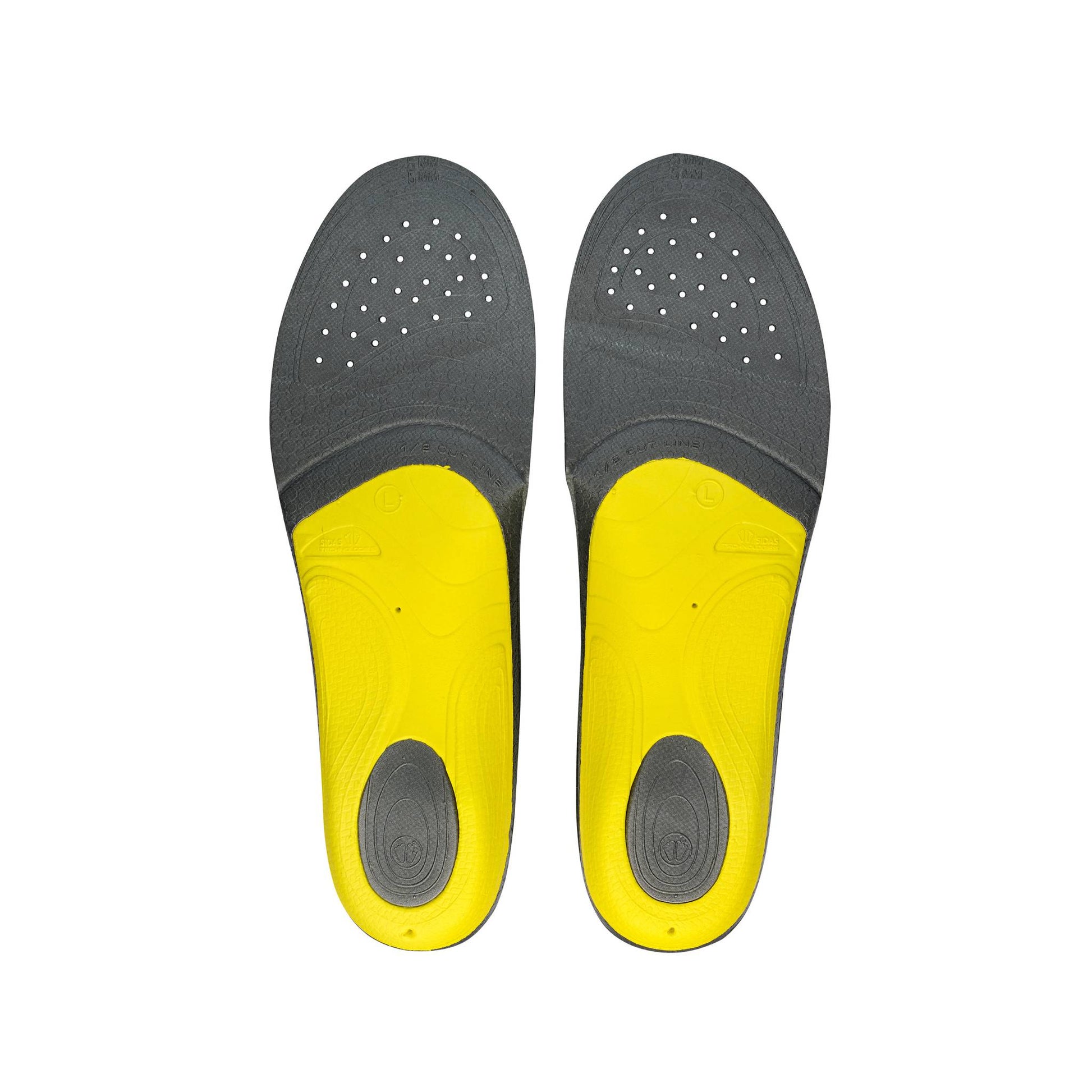 Pair of gray and yellow shoe insoles on a white background