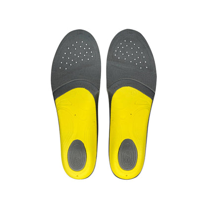 Pair of gray and yellow shoe insoles on a white background