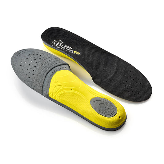 Gray and yellow shoe insoles on a white background