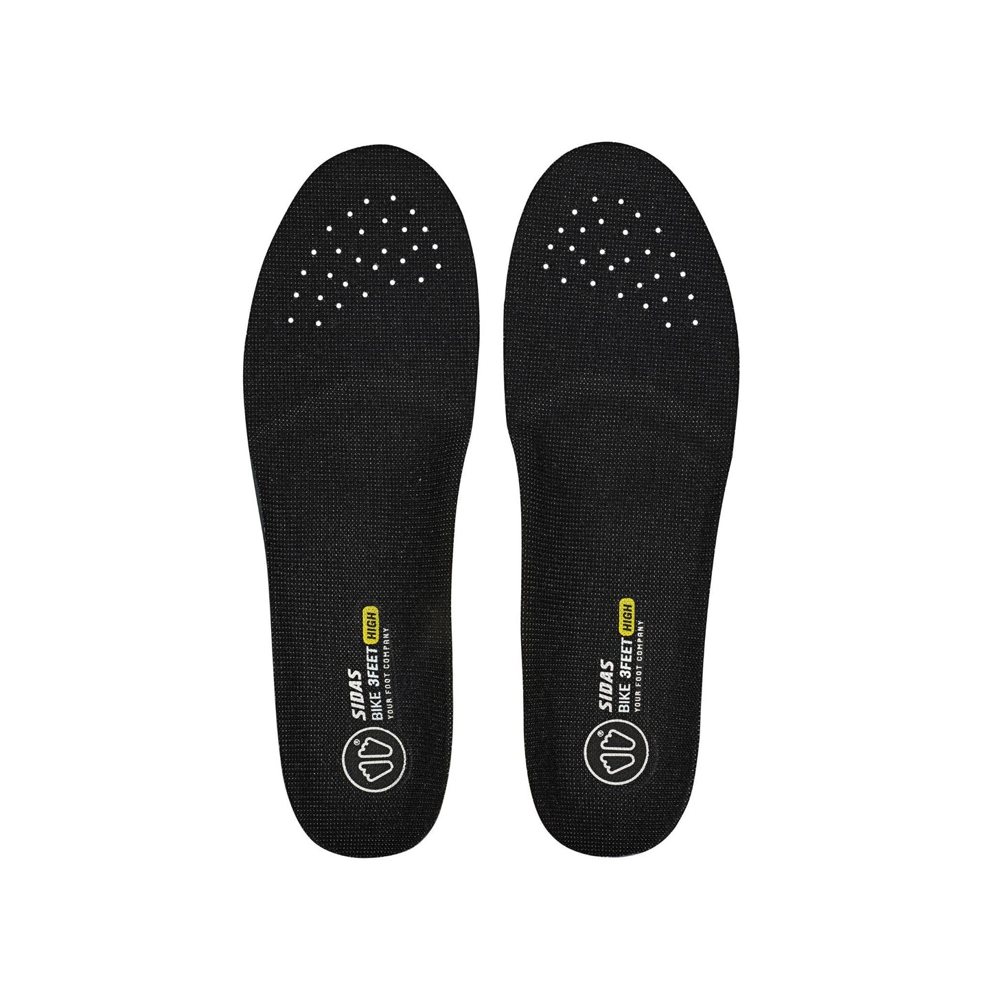 Pair of black insoles with brand logo on a white background