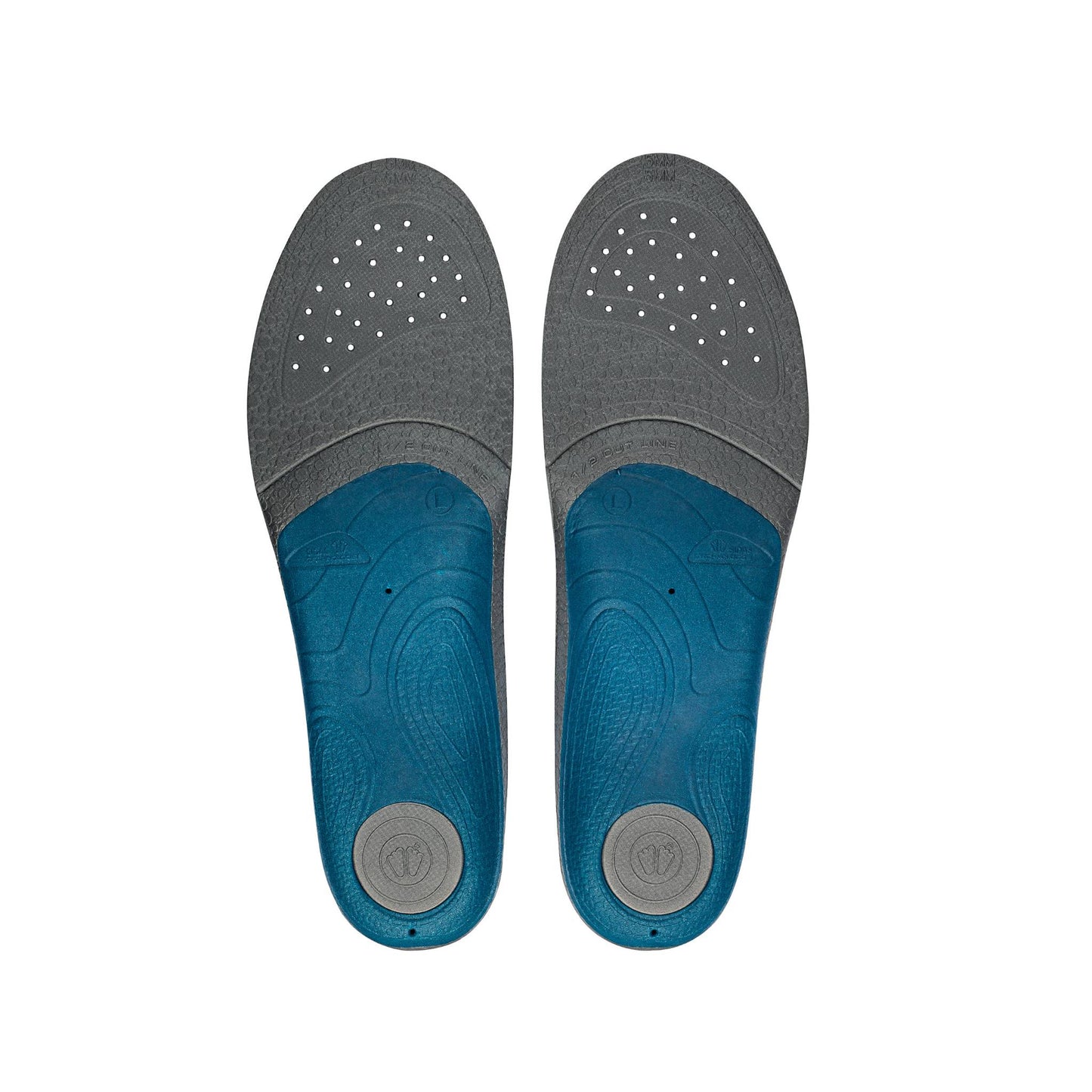 Pair of gray and blue shoe insoles on a white background