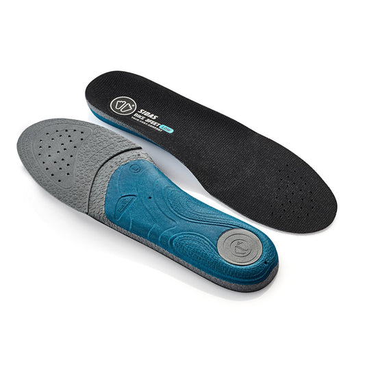 Blue and gray shoe insole with a brand logo on a white background