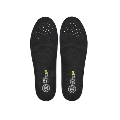Pair of black shoe insoles on a white background