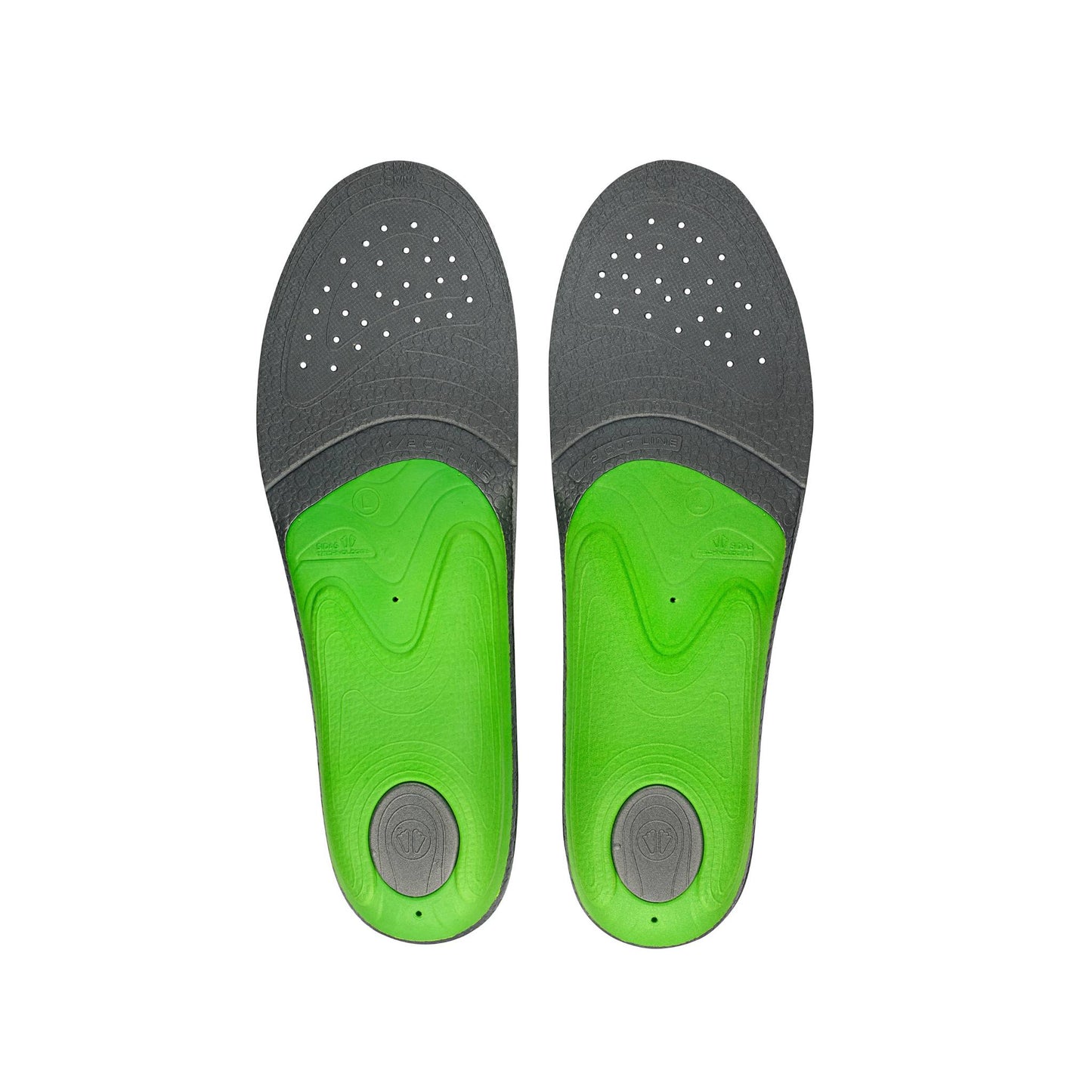 Pair of green shoe insoles with gray heel cups on a white background