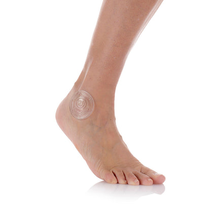 Transparent adhesive patch on a foot against a white background
