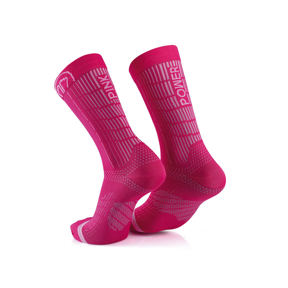 A pair of bright pink athletic crew socks with white and lighter pink striped patterns and the words 'PINK' and 'POWER' printed on the  back, shown against a plain white background.