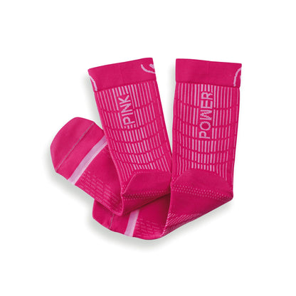 A pair of bright pink athletic compression socks with white text reading 'PINK' and 'POWER' on the cuffs, displayed on a clean white background.