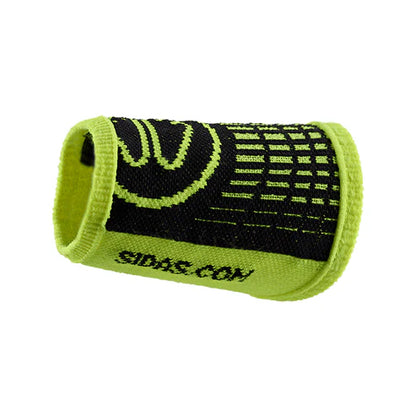 Green wristband with black pattern and visible brand logo on a white background
