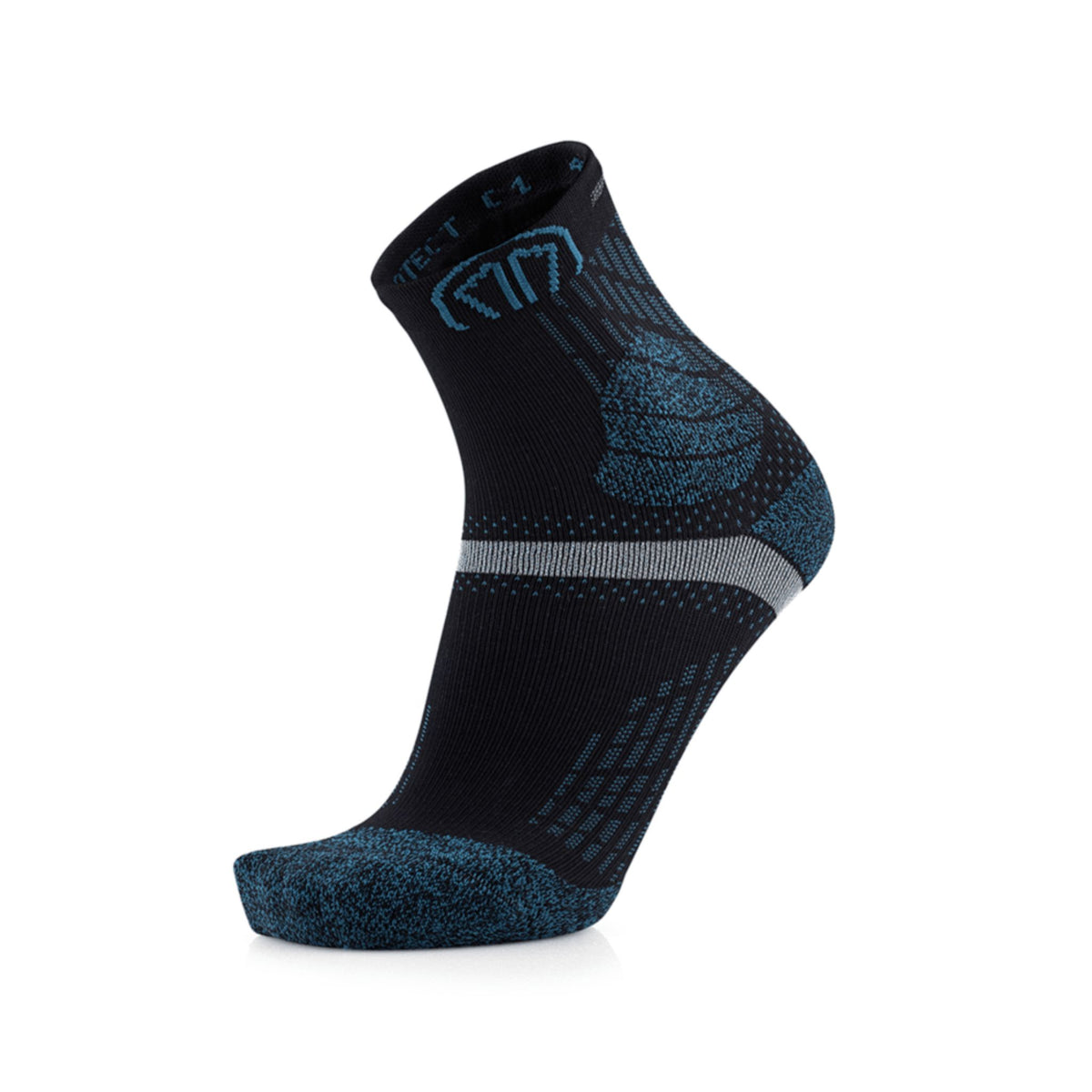 A single low-cut athletic sock in black with blue textured knit patterns and a gray compression band, shown on a white background.