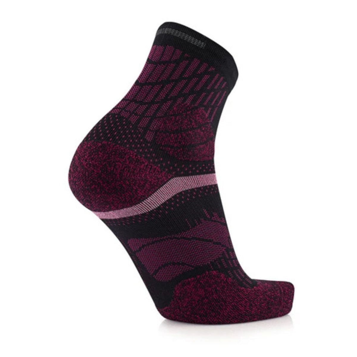 A single low-cut athletic sock in a dark purple and black patterned design, shown on a clean white background.
