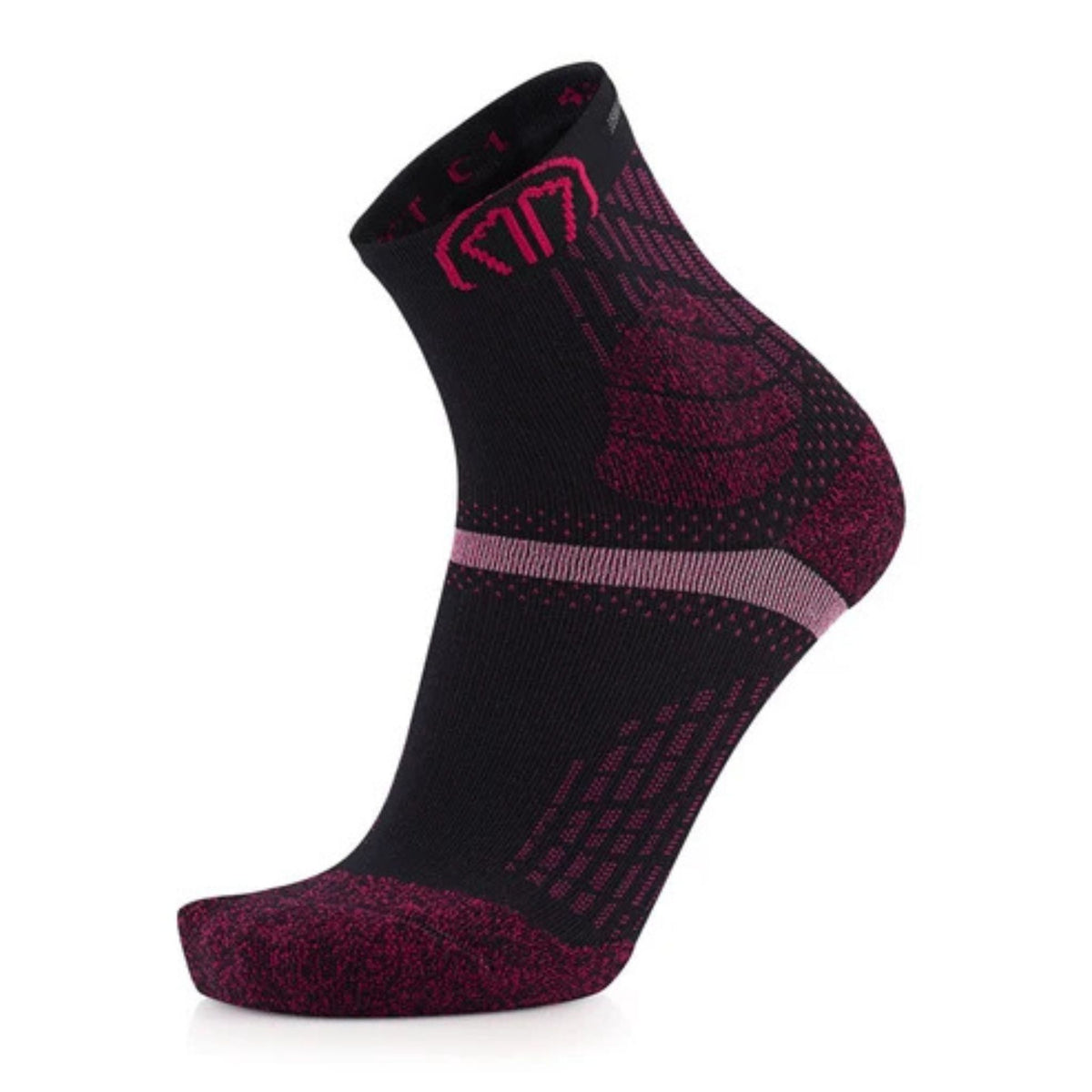 A single low-cut athletic sock in black and dark magenta, featuring a textured knit pattern and a pink logo on the cuff, shown against a plain white background.