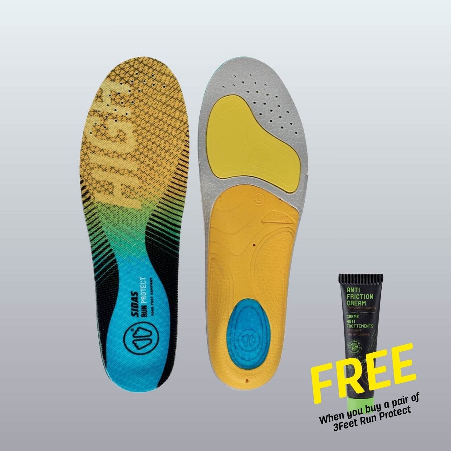 Sidas Insoles on a grey background with anti-friction cream and free written