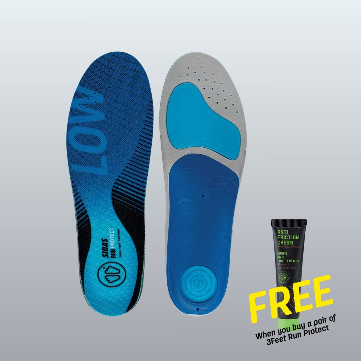 Sidas Insoles on a grey background with anti-friction cream and free written