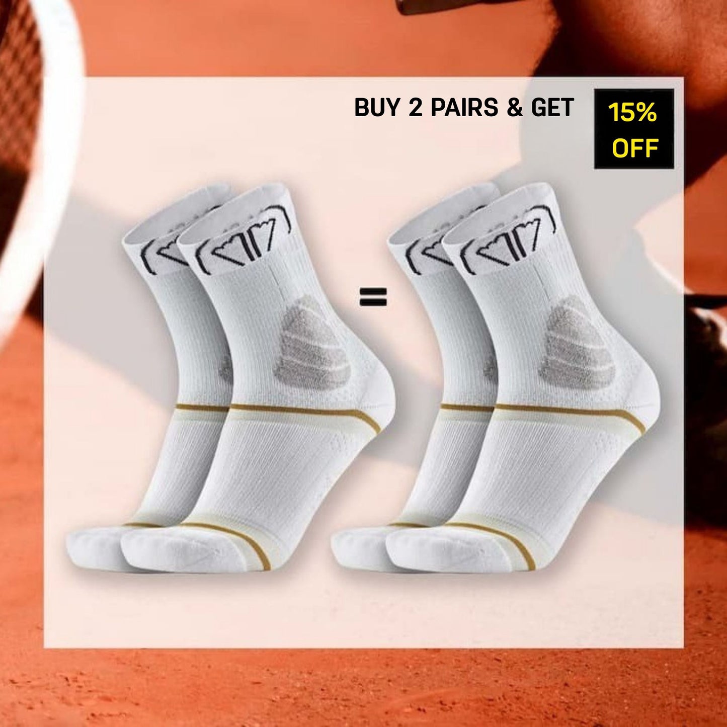 Four pairs of white athletic crew socks with gray heel accents and gold toe stripes, displayed on a tennis court background with promotional text 'BUY 2 PAIRS & GET 15% OFF'.