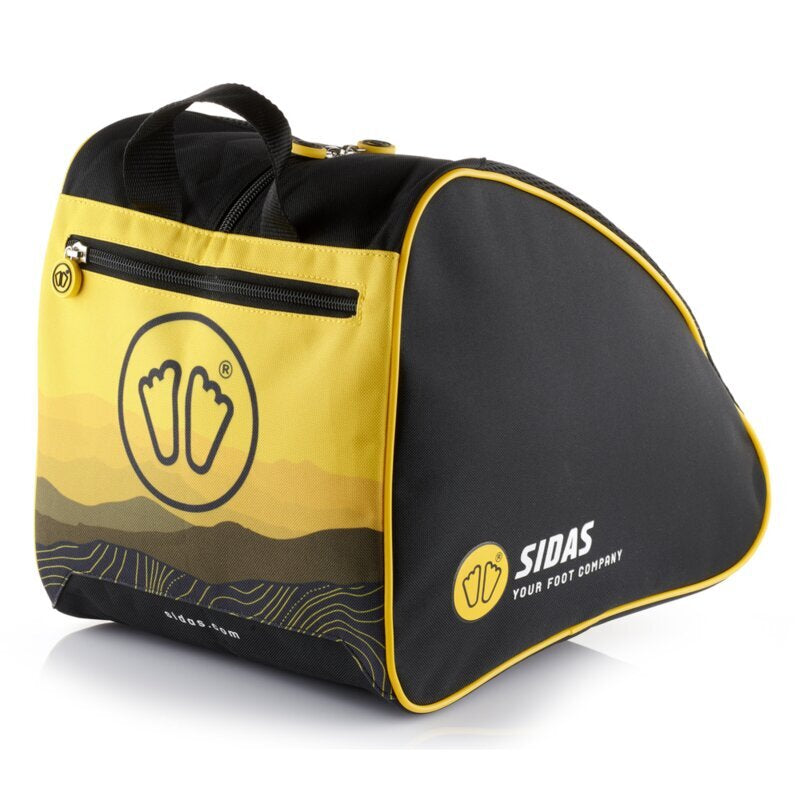 A Sidas shoe bag in black and yellow, featuring a zippered front pocket with a footprint logo, a top handle, and a landscape-style graphic on a white background.
