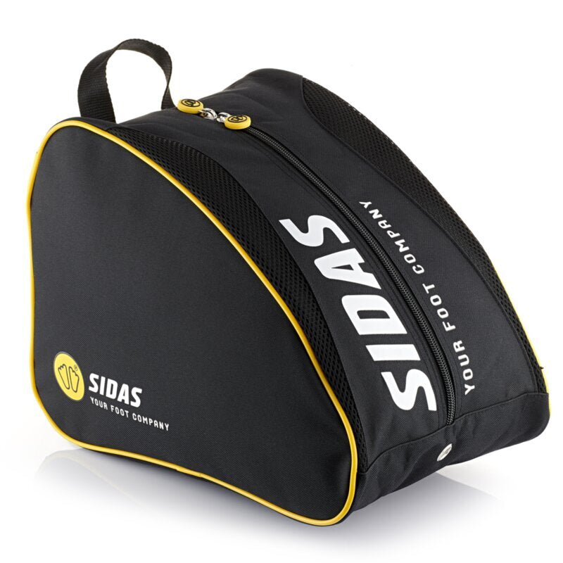 Black Sidas shoe bag with yellow piping and white branding, shown on a clean white background.