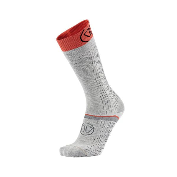 A single light gray knit sock with a bright orange-red cuff and matching orange-red stripe near the heel, shown on a plain white background.