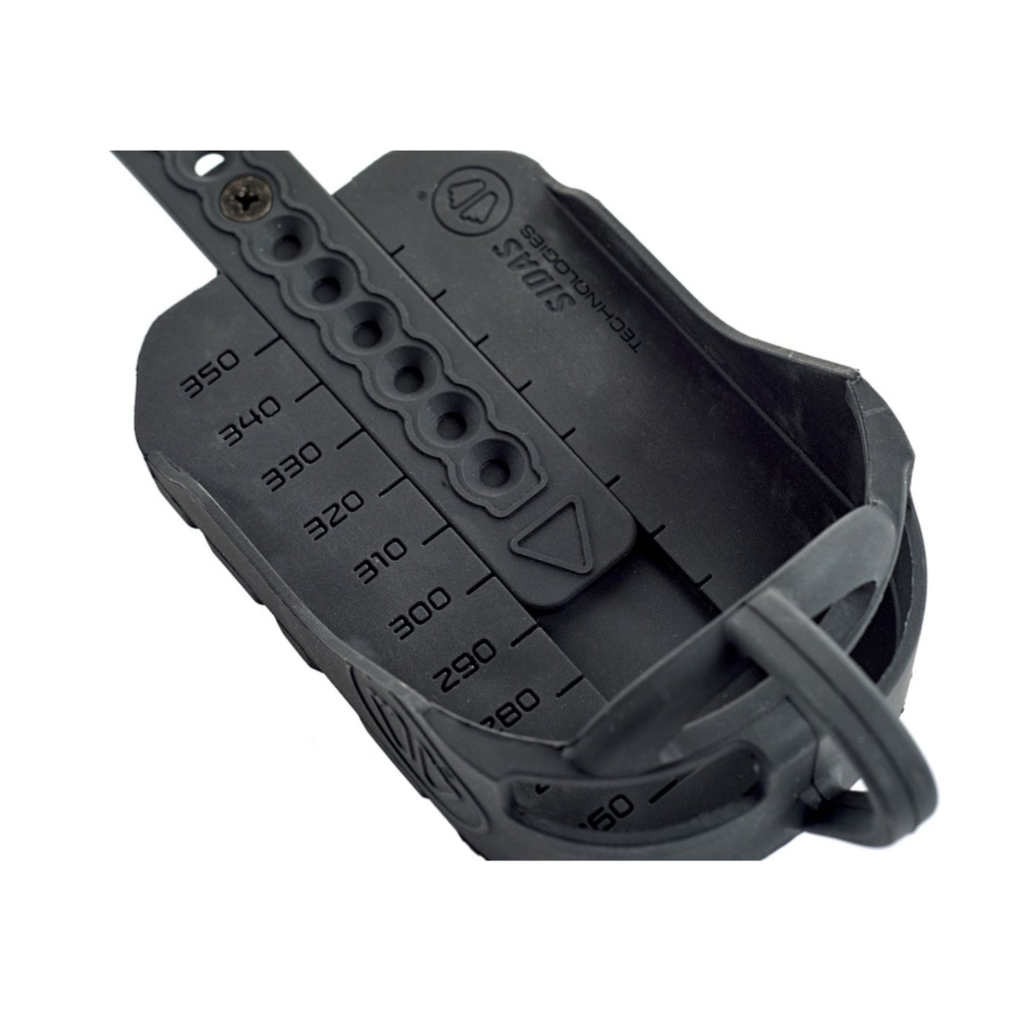 Black plastic component with measurement markings on a white background