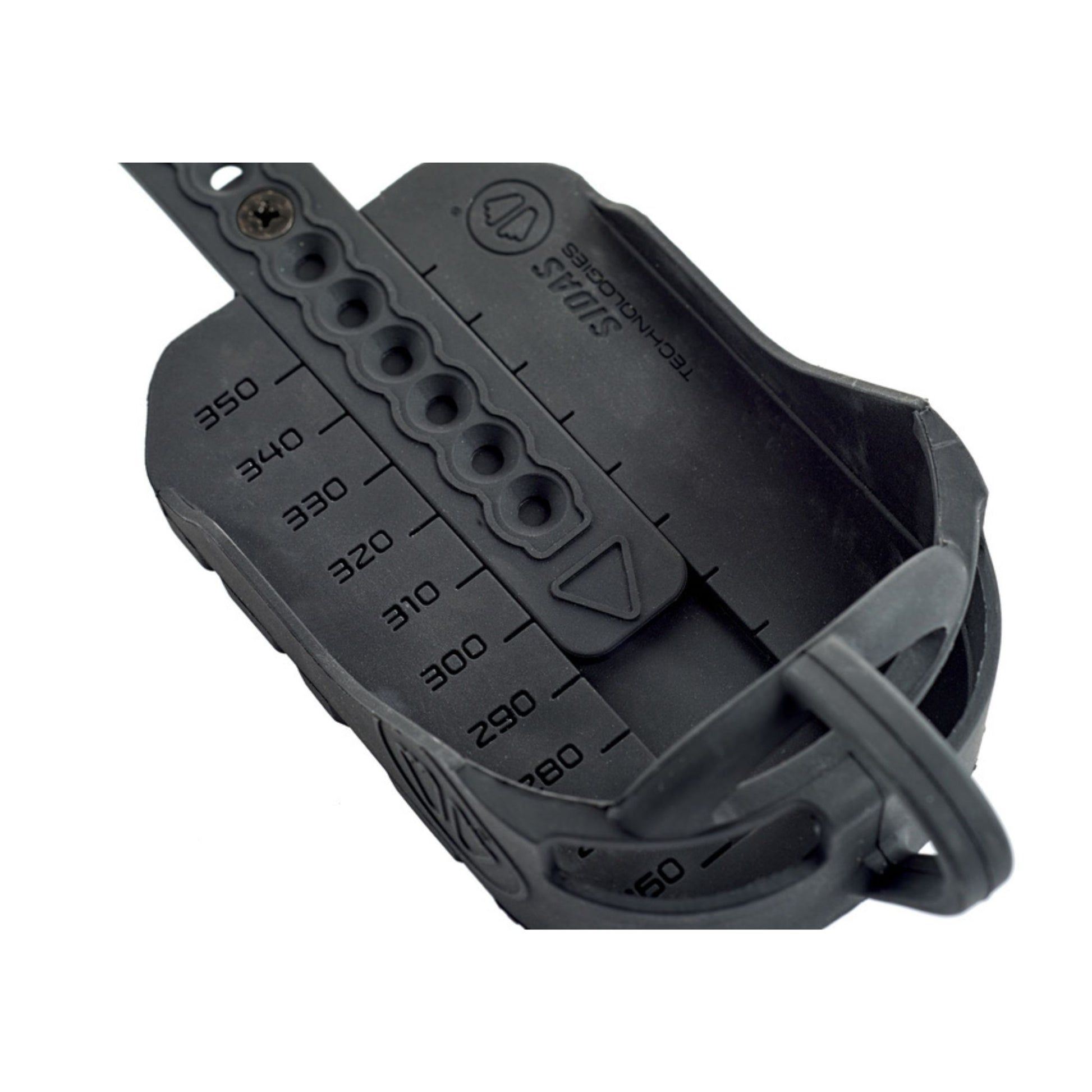 Black plastic component with measurement markings on a white background