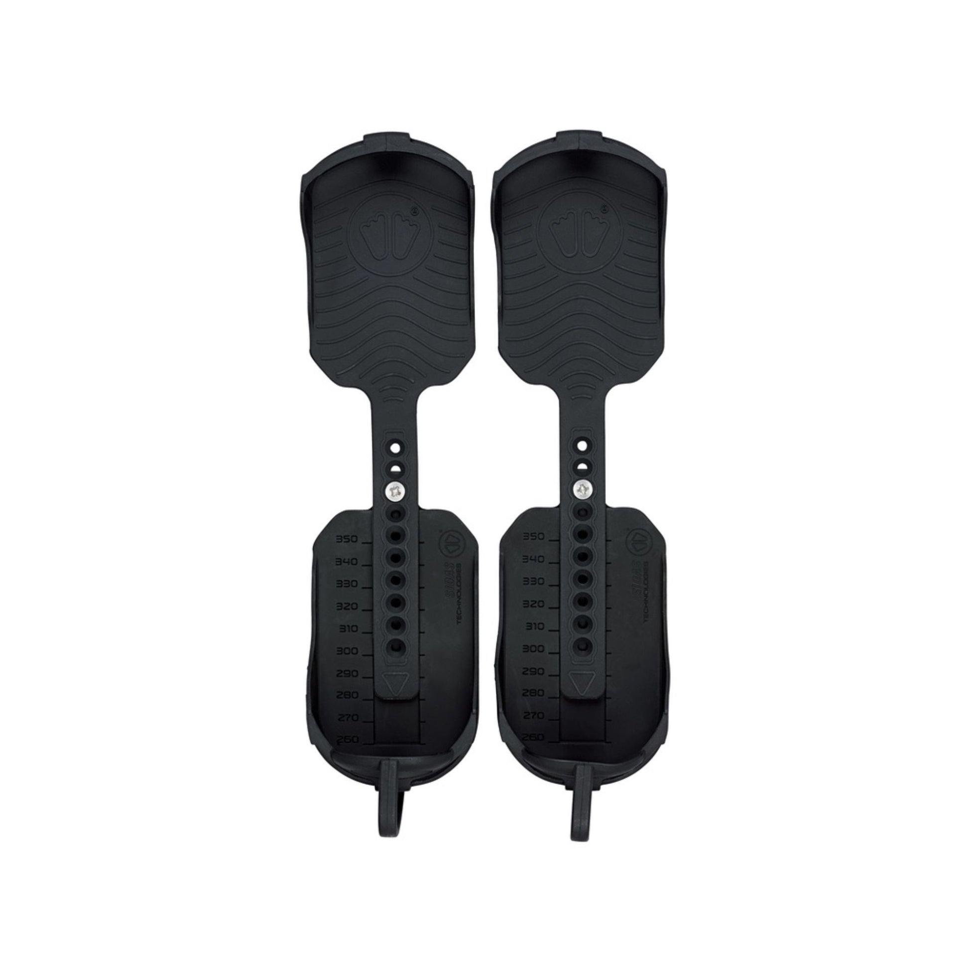Pair of black foot pedals on a white background