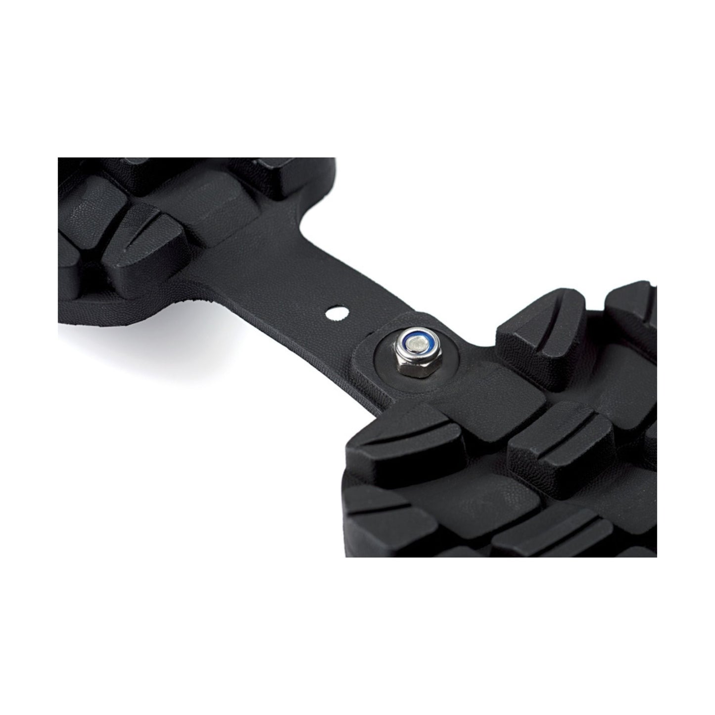 Close-up of a black metal bracket with a bolt on a white background