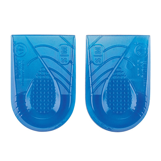 Two blue translucent athletic heel inserts on a plain white background.